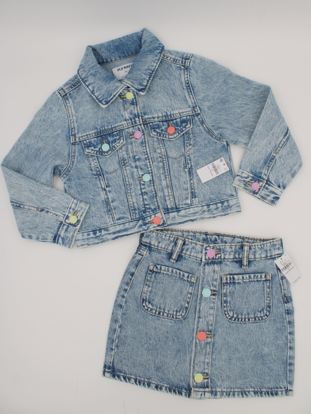 Old Navy Girls Denim Jacket & Skirt Set 5T Pastel Rainbow Buttons